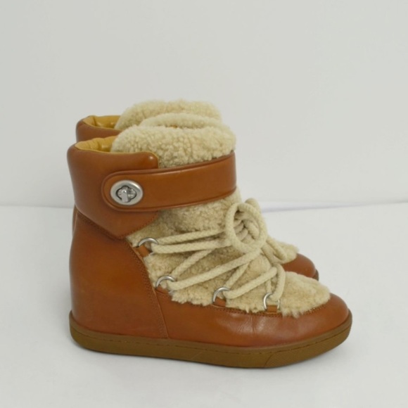 Authentic Coach Brown Leather Shearling Lace-Up Wedge Booties Boots 9 - Picture 12 of 12
